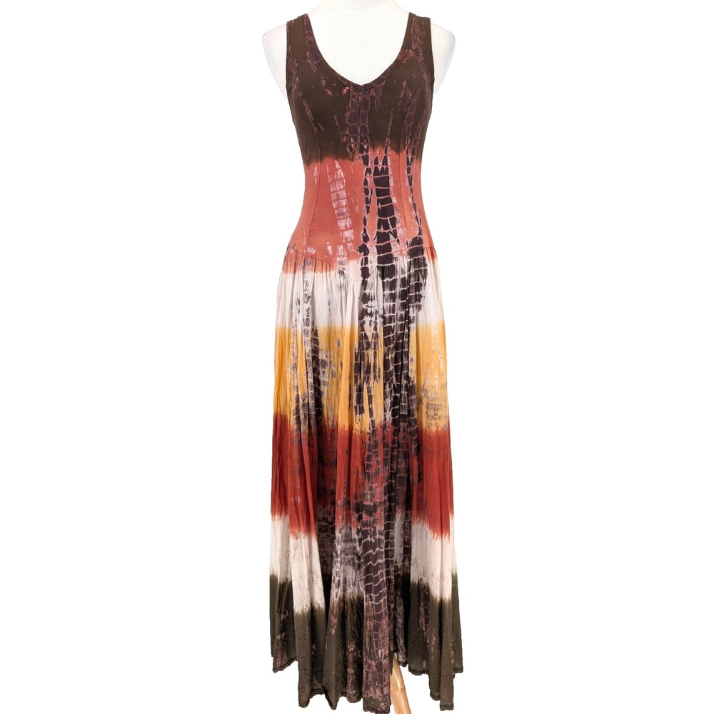 VTG Y2K Tie Dye Basque Waist Maxi Dress Bustle Hem S‎ Boho Hippie Granola Artsy